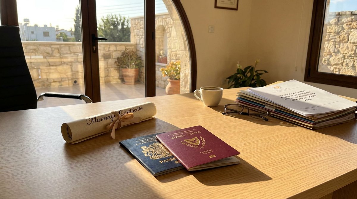 Cyprus spouse visa family reunification: two passports and a marriage certificate on a Mediterranean office desk, warm sunlight.