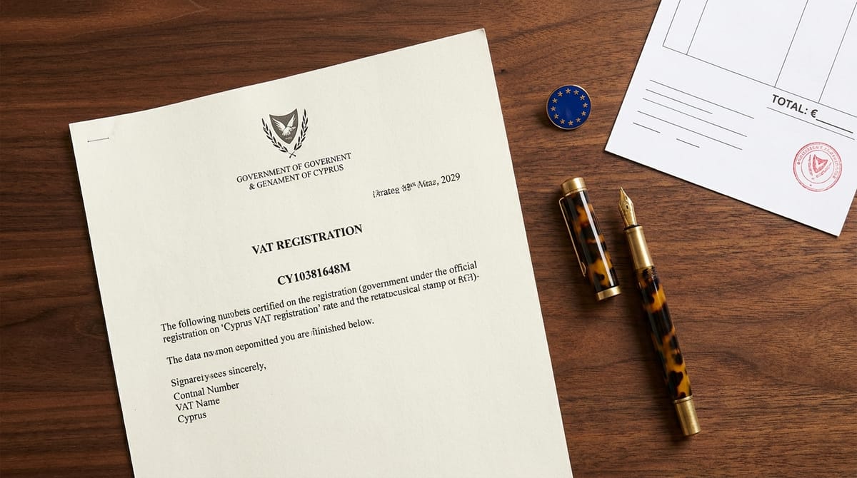 Cyprus VAT registration 2026: official tax document on walnut desk with EU flag pin, fountain pen, and blank invoice.